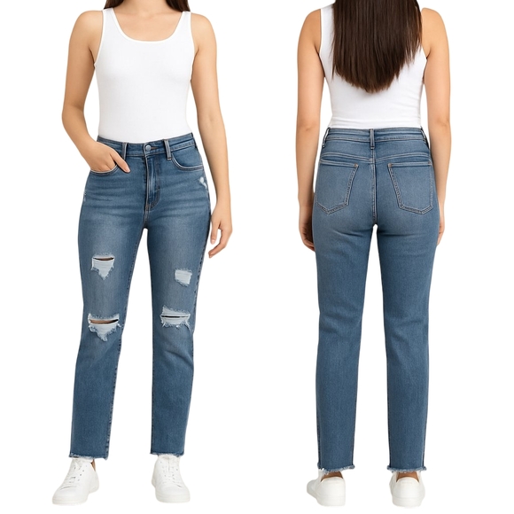 Judy Blue Denim - JUDY BLUE Jeans 13/31 Distressed Straight Leg Mid Rise Raw Hem Style JB82425MD